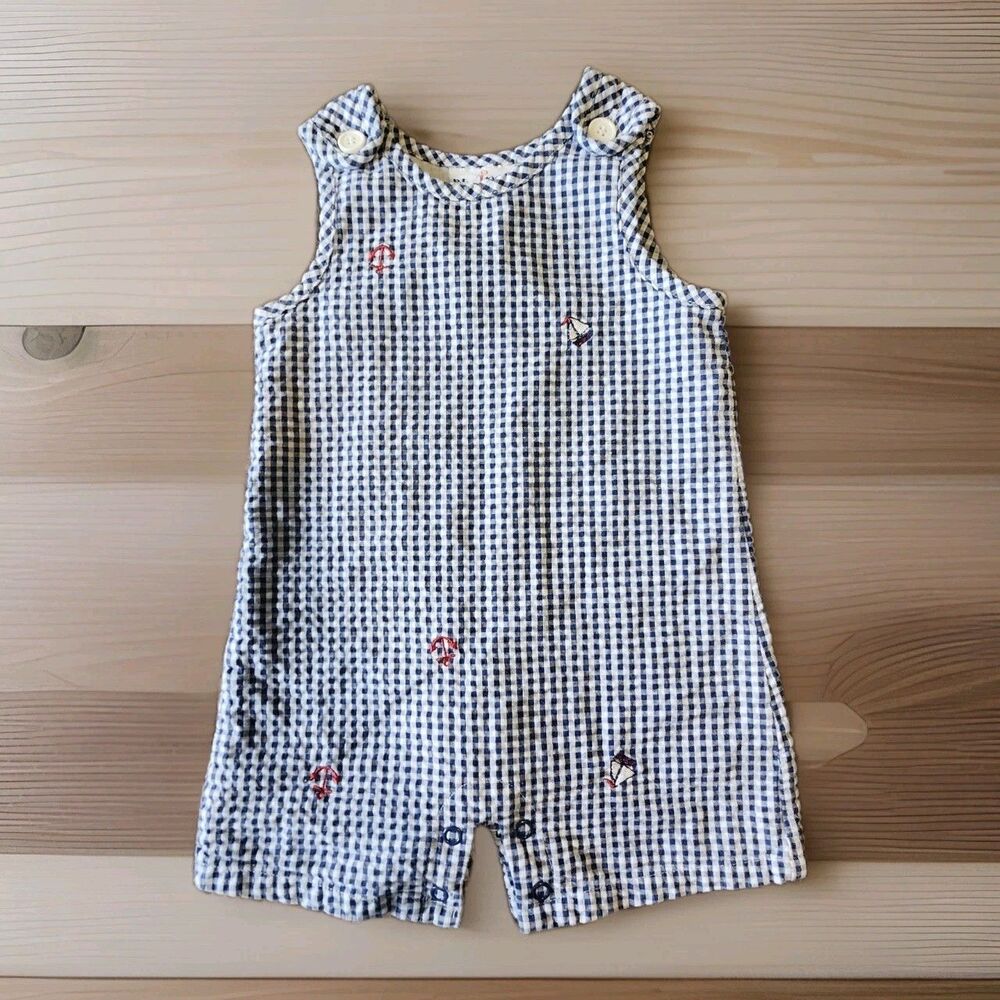 VTG BT Kids Nautical Embroidered Sailboat Anchors Romper One Piece Jumper 12mo